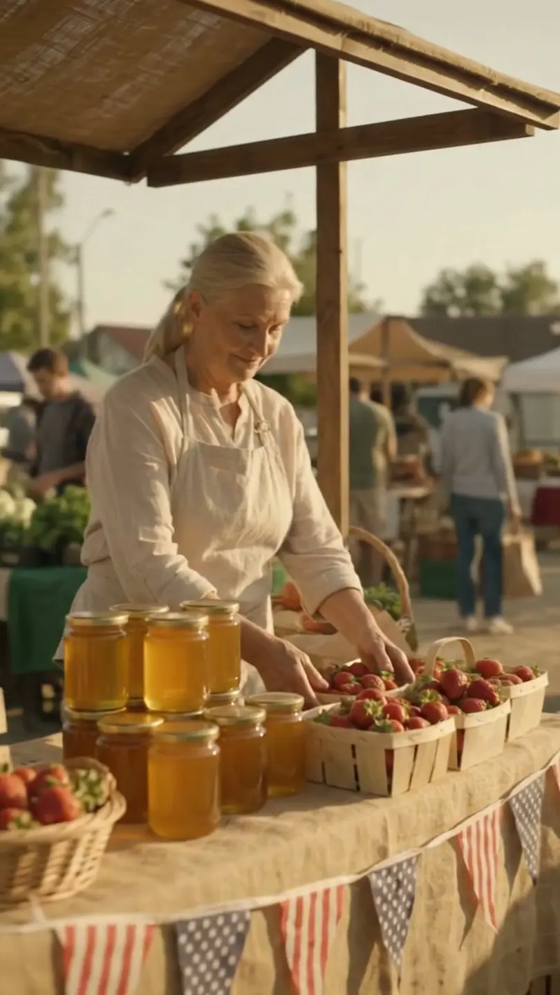 A woman arranging honey jars and strawberries at her farmers market stall