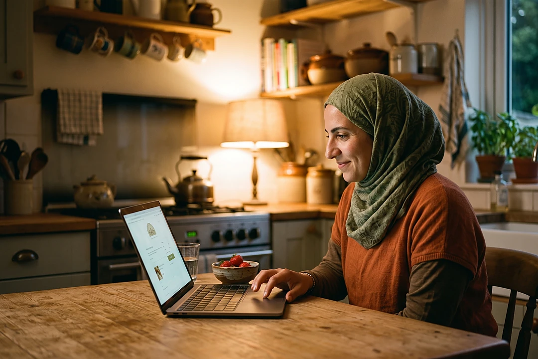 A woman wearing a hijab at her kitchen table at night, buying from a small farm shop on her laptop