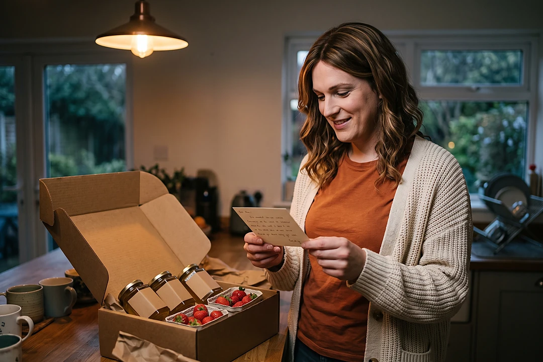A woman reading a handwritten note from the maker beside an opened delivery box of honey and strawberries