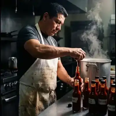 A cook bottling salsa beside a steaming pot