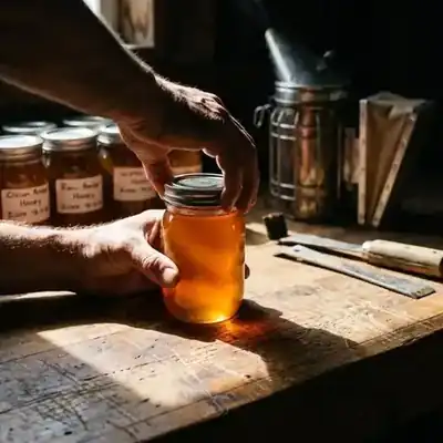 A beekeeper filling a jar of honey