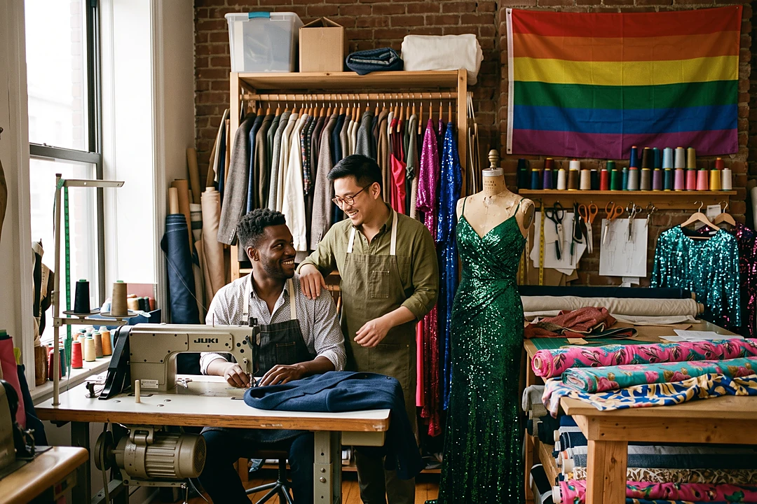 Two tailors in their studio, one at a sewing machine, one holding a finished jacket, with a pride flag and colorful gowns behind them