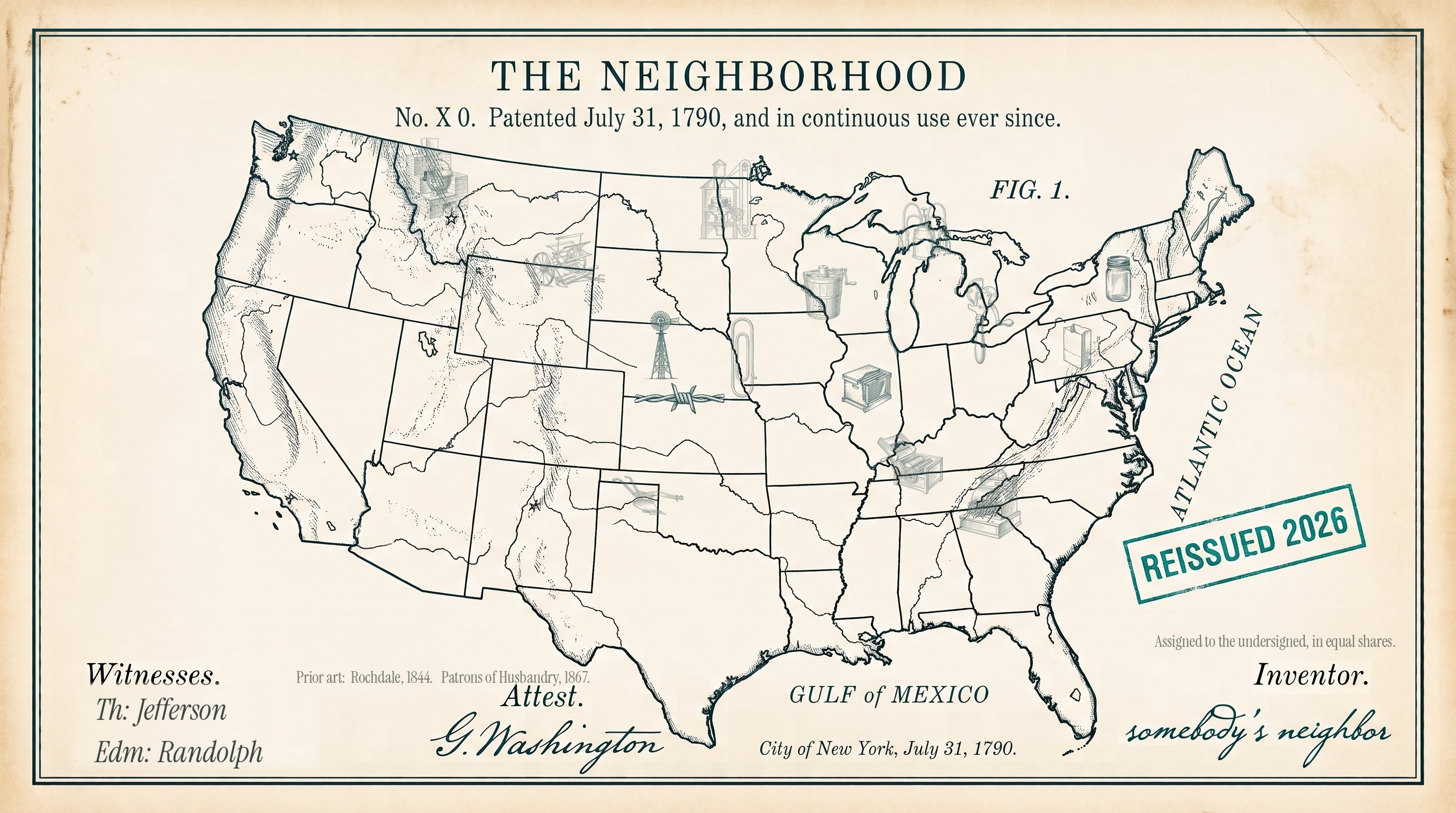 A map of the United States drawn as an 1800s patent plate, titled The Neighborhood.