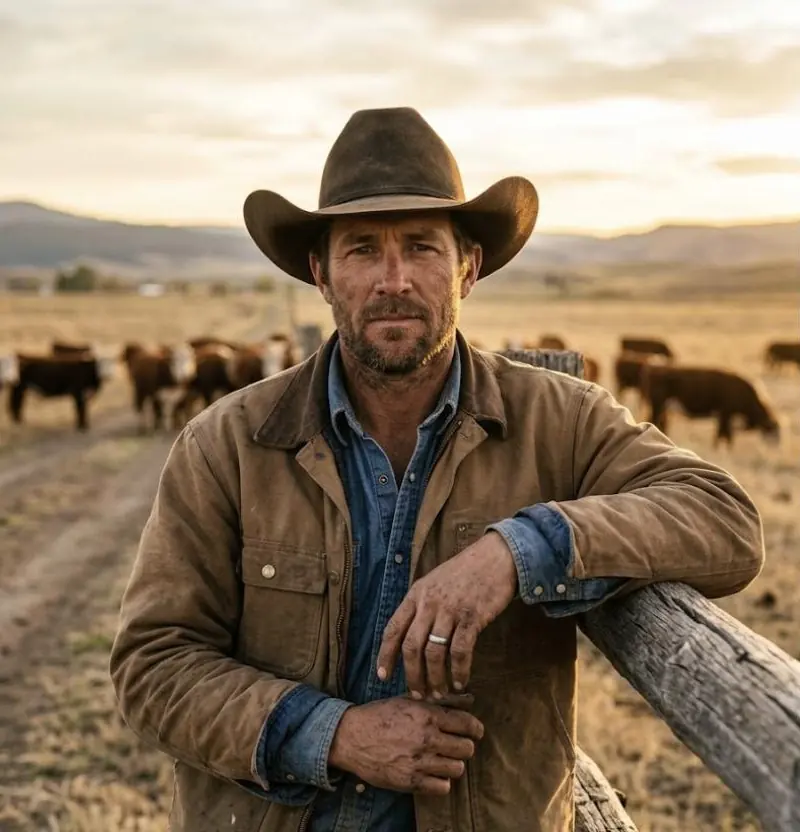 A rancher at golden hour, leaning on a fence with cattle behind him